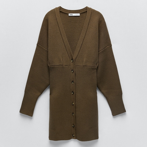 NWT ZARA | Ribbed Cardigan Dress Dark Khaki - Picture 11 of 14